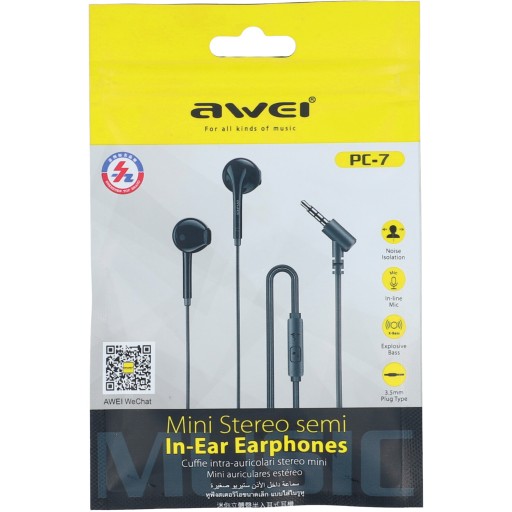 STEREO SLÚCHADLÁ DO UŠÍ AWEI PC-7, MINI-JACK 3.5