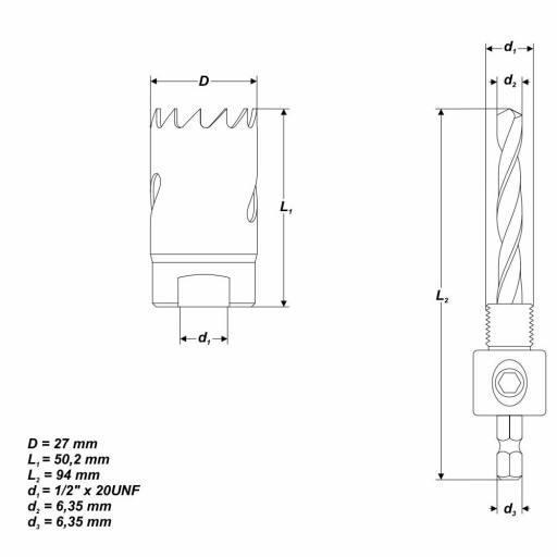 Sada - Bimetalová dierová píla pr. 27 mm + adaptér
