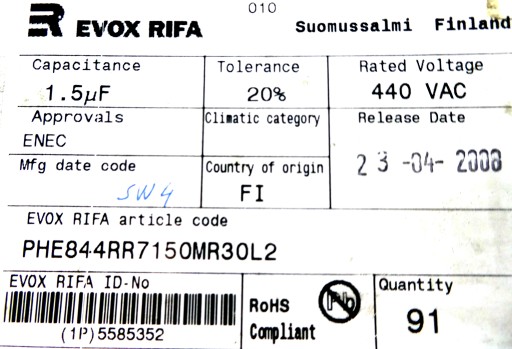 Fólia RIFA 1,5uF 1500nF 20% 440V AC