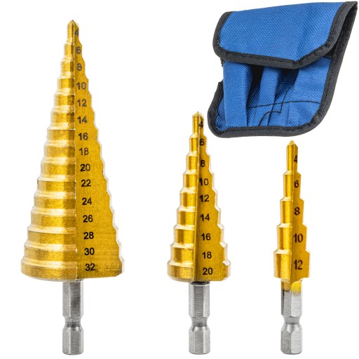 KROKOVÉ KUŽEĽOVÉ VRTÁKY PRE KOV DREVO PLASTOVÝ PLECH 4-32 MM HEX