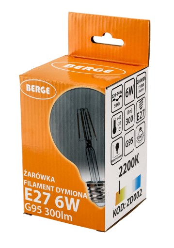 E27 LED žiarovka 6W 300lm 2200K Filament Smoke G95 Warm Color