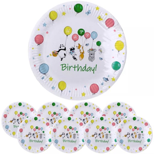 Taniere Okrúhle narodeninové papierové taniere Animals Balloons 23cm 8 ks