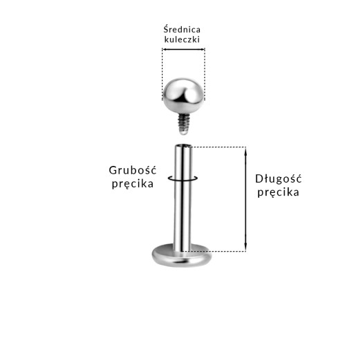 Strieborné náušnice LABRET s guličkou GW. Chirurgická oceľ 316L Veľkosť 1,2/8/3