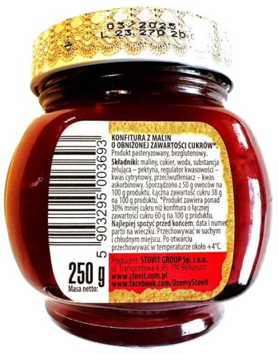 DŽEM MALOVÝ S NÍZKÝM CUKROM 250 g Stovit