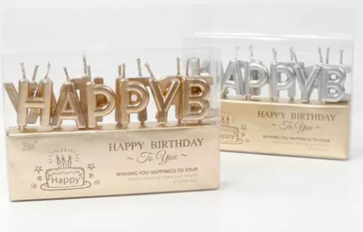 strieborné narodeninové tortové sviečky, nápis HAPPY BIRTHDAY