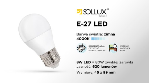 SOLLUX LED guľová žiarovka E27 4000K studená 7,5W 690lm