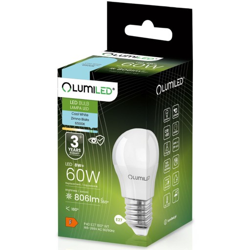 E27 P40 LED žiarovka SMALL GALL 8W = 60W 806lm 6500K Cold Color CCD LUMILED