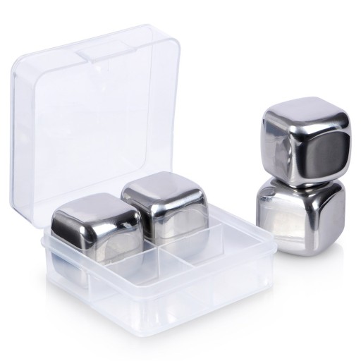 4x ICE CUBES, oceľové, opakovane použiteľné kocky ľadu na chladenie whisky nápojov