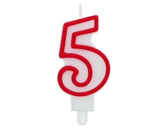 Narodeninová sviečka číslo 5, biela s červeným obrysom, 7 cm