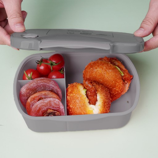 LUNCHBOX, šedá nádoba na chlebíčky, obed, škola, s 3 priehradkami