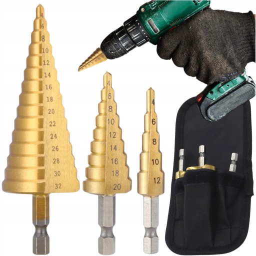 Stupňovité kónické vrtáky, 3 ks, oceľ, sada 4-32 mm, na drevo, plech