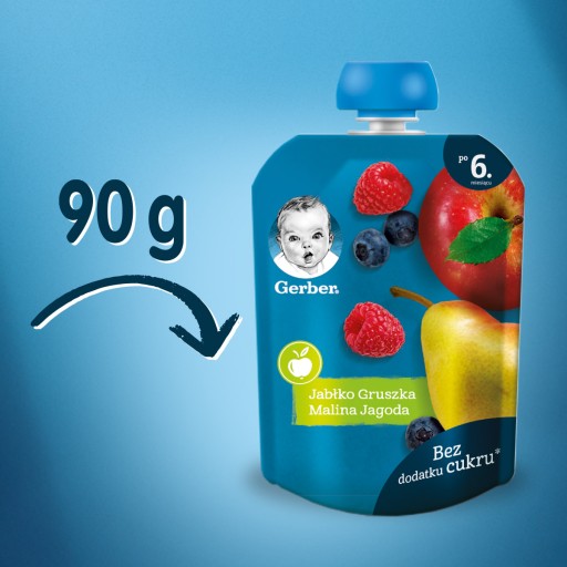Gerber Mousse Dezert Jablko Hruška Malina Čučoriedka po 6 mesiacoch 80 g