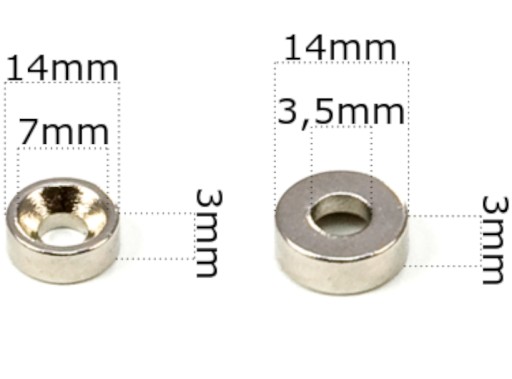 SILNÝ NEODYMOVÝ MAGNET 14x3 mm S OTVOROM 7/3,5 mm PRE SÚPRAVU 2 Skrutiek