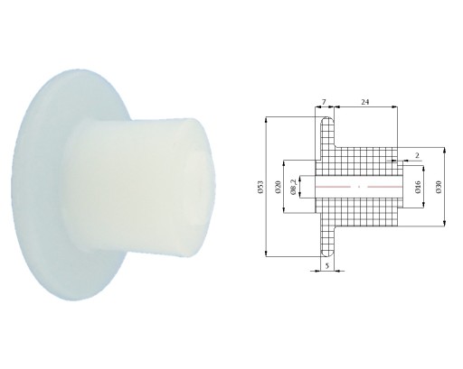 Plastová rolka s priemerom príruby 53 mm, priemer 8,2 mm