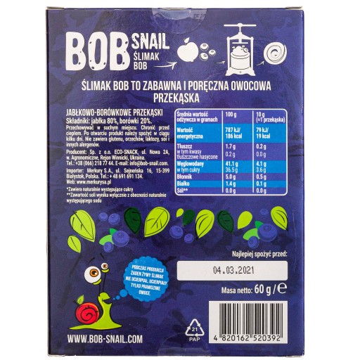 Bob Snail Snack jablko čučoriedka bezlepkové 60