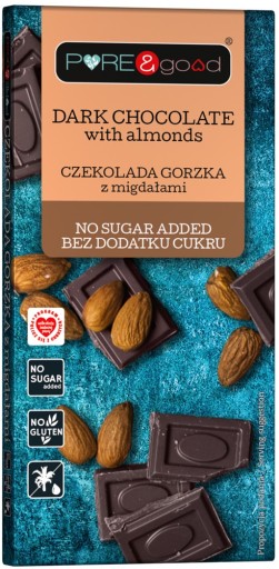 tmavá čokoláda s mandľami, BEZ CUKRU, 75g čistá