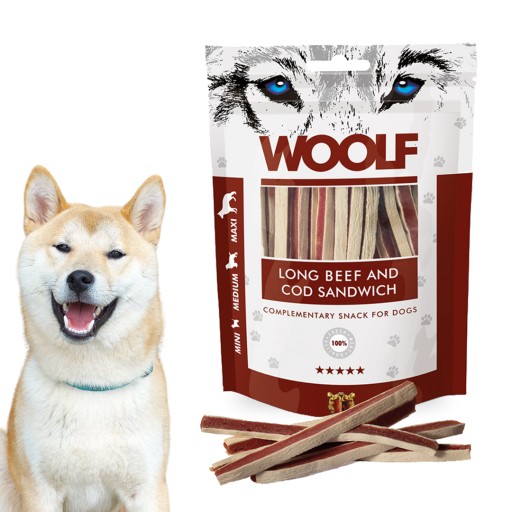 WOOLF LONG BEEF COD SENDWICH ZMLUVA PRE PSOV HOVÄDZIA COD 100G