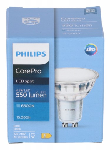 Philips CorePro GU10 LED žiarovka 4,9W=50W 550lm studená farba 6500K 120°