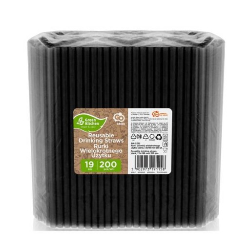 Čierne plastové slamky, opakovane použiteľné slamky na shake nápoje, 19 cm, 200 kusov