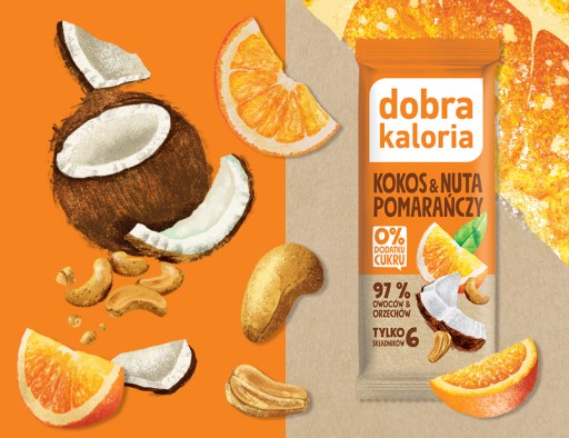 Zdravá tyčinka Kokos Pomaranč Datle bez cukru Orechy VEGE Dobrá kalória