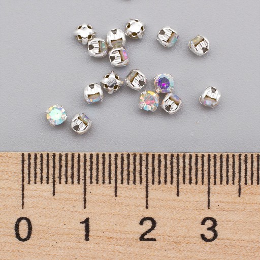 Štrasové kamienky na šitie, sklo/mosadz, trieda A, krištáľ AB, 3-3,2 mm, 50 kusov