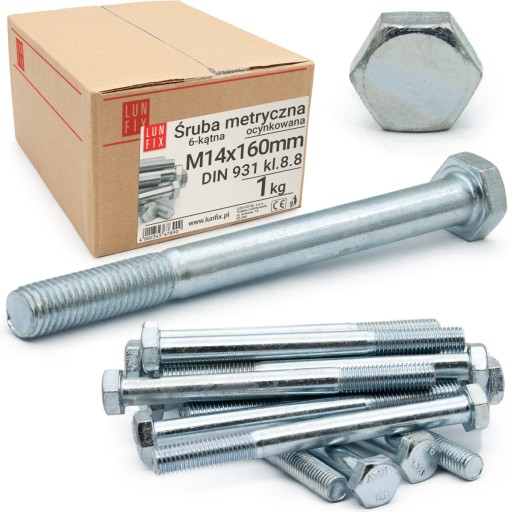 M14x160 Skrutka metrická šesťhranná DIN 931, pozinkovaná, s kľúčom, trieda 8,8, 1 kg