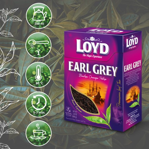 Prémiový čierny čaj Earl Grey kvalitné lístky 100g LOYD