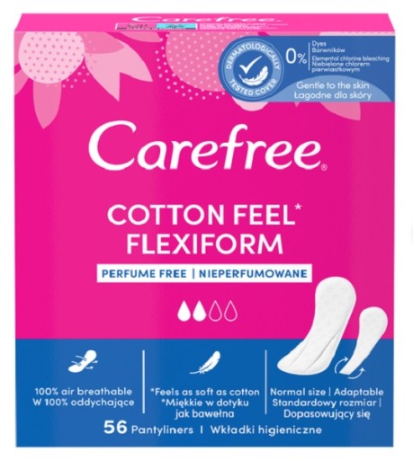 CAREFREE Cotton Feel Flexiform hygienické vložky, neparfumované, 56 ks