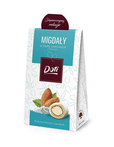 Mandle v bielej čokoláde s kokosom Premium Doti Elegantné vrecúško 100 g