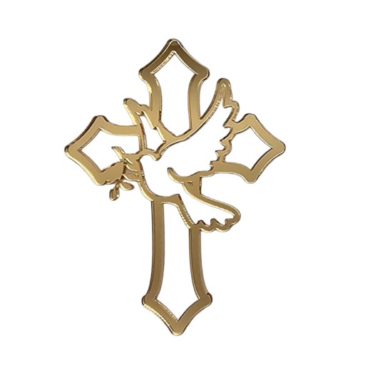 Topper DECOR na sväté prijímanie zlatý CROSS prelamovaný KRÍŽ s holubičím zlatým zrkadlom