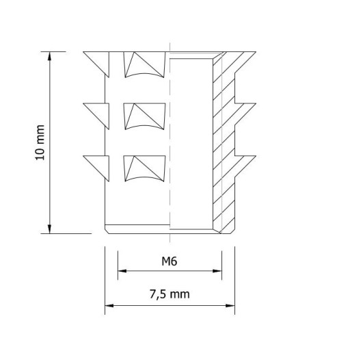Zásuvka M6 x 10 mm zarazená do dreva bez nákružku