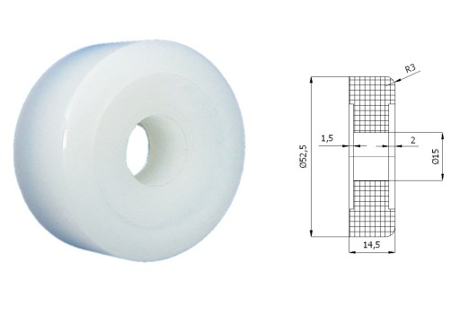 Polyamidový valček na brány bez ložísk, priemer 52,5 mm, priemer 15 mm