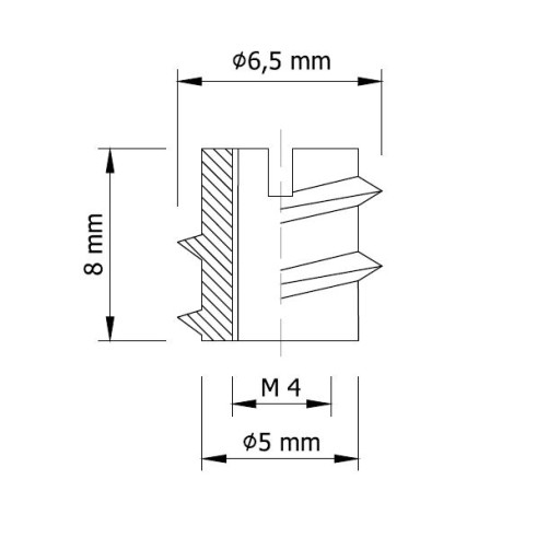 Nábytková objímka 10x M4 x 8 mm skrutkovaná do dreva, oceľová vložka so zárezom