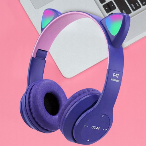 SLÚCHADLÁ PRE DETI BLUETOOTH MAČKA UŠI MAČKA LED RGB MIKROFÓN DO UŠÍ DARČEK