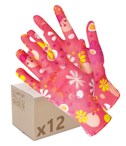 ZÁHRADNÉ RUKAVICE Pracovné rukavice FLOWERS Dámske PU COATED x12
