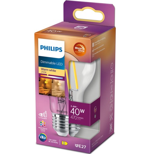 E27 A60 LED žiarovka 3,4W = 40W 470lm Teplé vlákno Stmievateľné PHILIPS