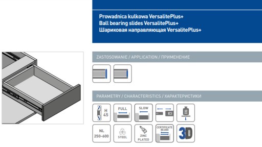 VERSALITE PLUS + guličkové vedenie nábytku 40 KG - GTV 45 x 350 x 12,7 mm
