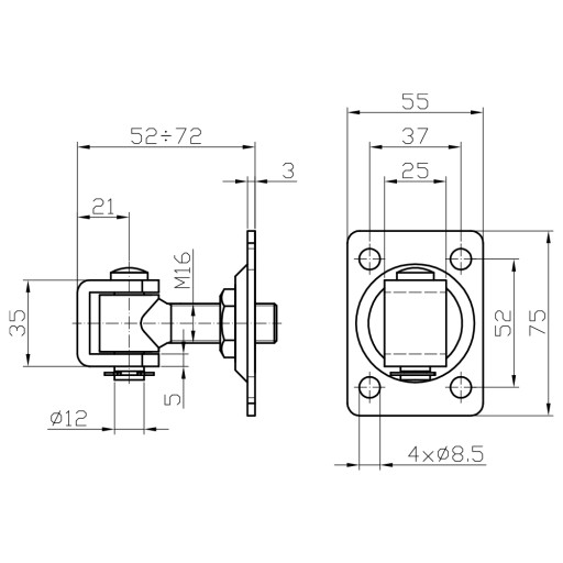 Nastaviteľný záves M16 s pravouhlou doskou 75x55x3 mm