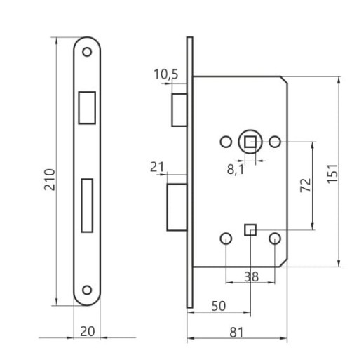 Zadlabací zámok JANIA s kúpeľňovým zámkom, WC 72/50, predné 210mm