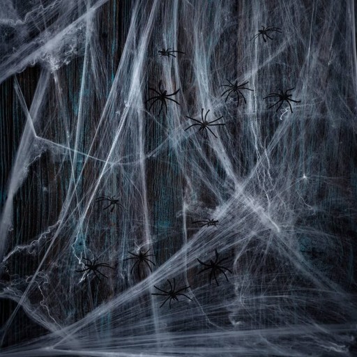 Umelá pavučina biela s 12 pavúkmi Pavúky na Halloween 60g