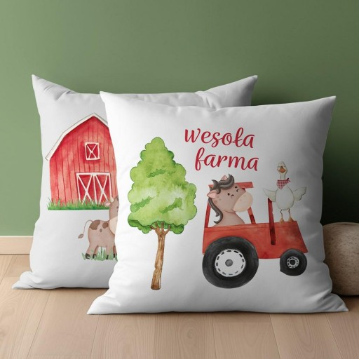 Bavlnená obliečka na vankúš 40x40 Happy farm, červený traktor, biela a šedá