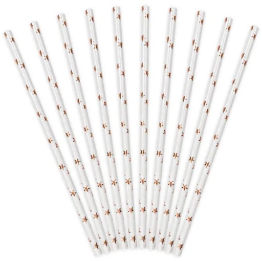 Biele papierové slamky s hviezdami Rose Gold Rose Gold narodeniny 10 ks.