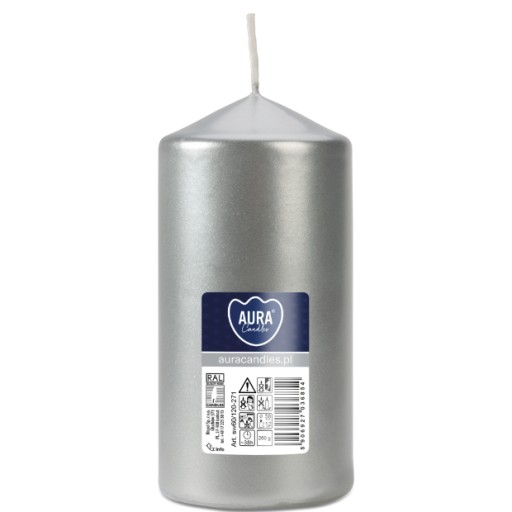 STRIEBORNÁ METALIKA Valčeková sviečka bez vône PARAFÍNOVÁ SVIEČKA 12CM 38H 260G