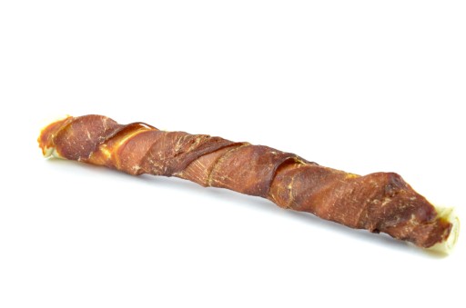 MACED Lahodná ŽUVACIA POMÔCKA pre psov KOST omotaná KAČIČKOU 25cm/80g
