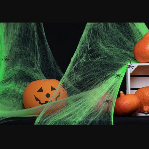 PAVUČINA NA HALLOWEENSKÉ SIEŤOVÉ OZDOBY OZDOBY UMELÉ ZELENÉ + PAVÚKY 60G