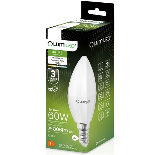 E14 LED CANDLE žiarovka 8W = 60W 806lm 4000K Neutrál LUMILED