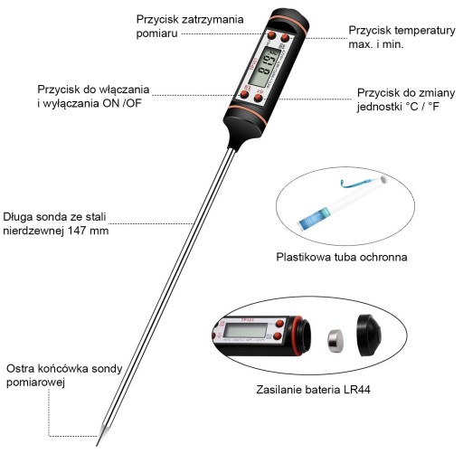 LCD KOLÍKOVÝ TEPLOMER SONDA NA MÄSO, MLIEKO, VÍNO