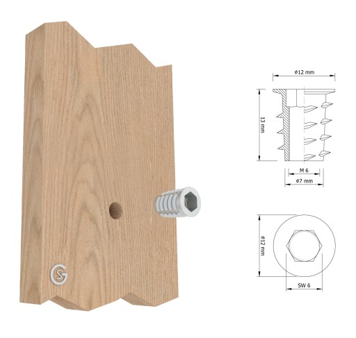 Oceľová nábytková vložka 100x M6 x 13 mm skrutkovaná do dreva, typ DC