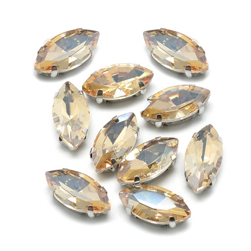 Kamienky na šitie, v košíku, sklo a mosadz, žlté, 10x5x4mm, 10ks