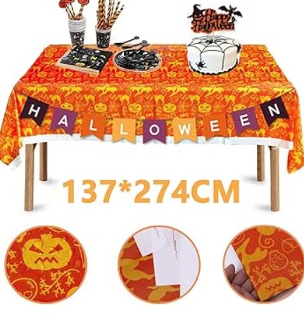 FÓLIOVÁ OBRUS HALLOWEENSKÉ TEKVINY PAVUČINY MAČKY ORANŽOVÉ 137x274cm